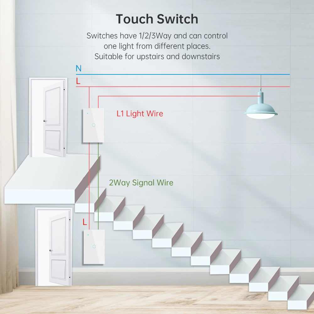 Tuya Wifi Smart Stair Switch US Touch Glass Panel Stair Cross Multi Light Switches 1 Gang 2 Way APP Control Alexa Google Home