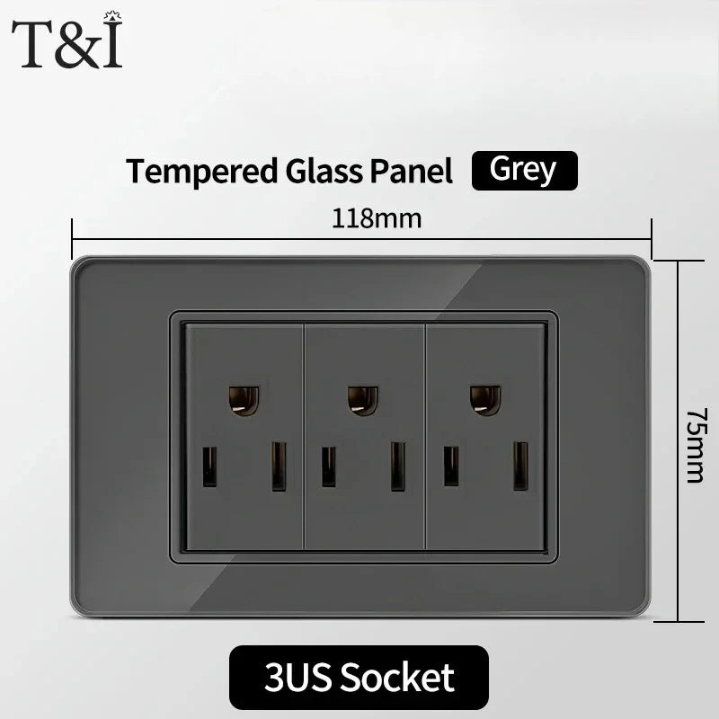 118*75mm Tempered Glass Socket US Wall Socket Thai USB Socket Plug with Dual USB Type-C Ports,Light Switch 110V