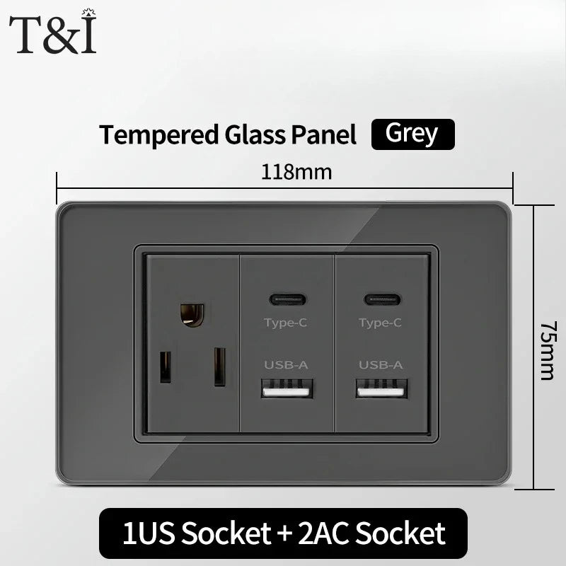 118*75mm Tempered Glass Socket US Wall Socket Thai USB Socket Plug with Dual USB Type-C Ports,Light Switch 110V