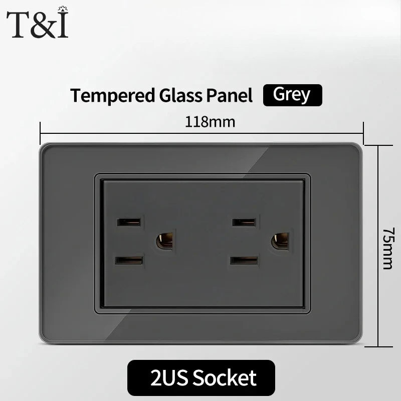 118*75mm Tempered Glass Socket US Wall Socket Thai USB Socket Plug with Dual USB Type-C Ports,Light Switch 110V