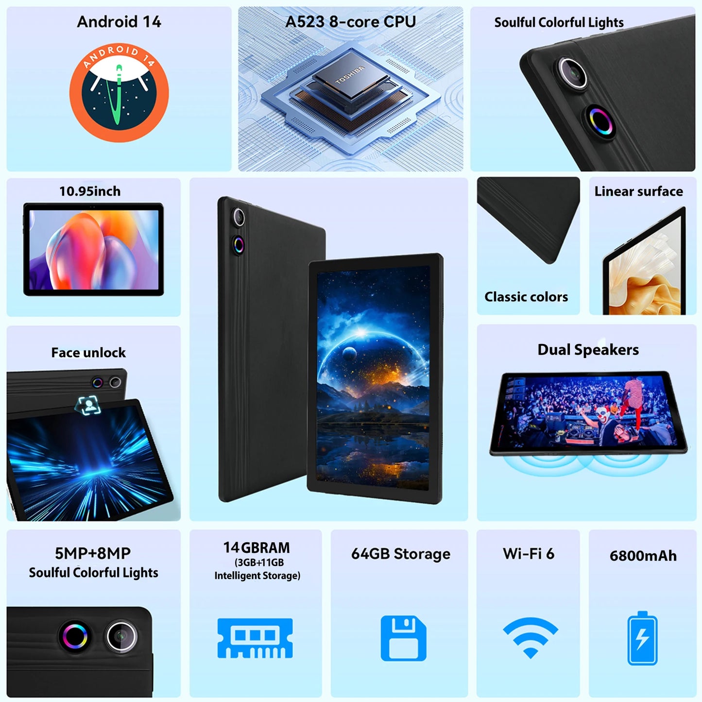 11 Inch 14GB RAM+64GB ROM (TF 1TB) Android 14 Octa-Core 6800mAh With Stylus Keyboard Mouse for Online Learning and Office Work