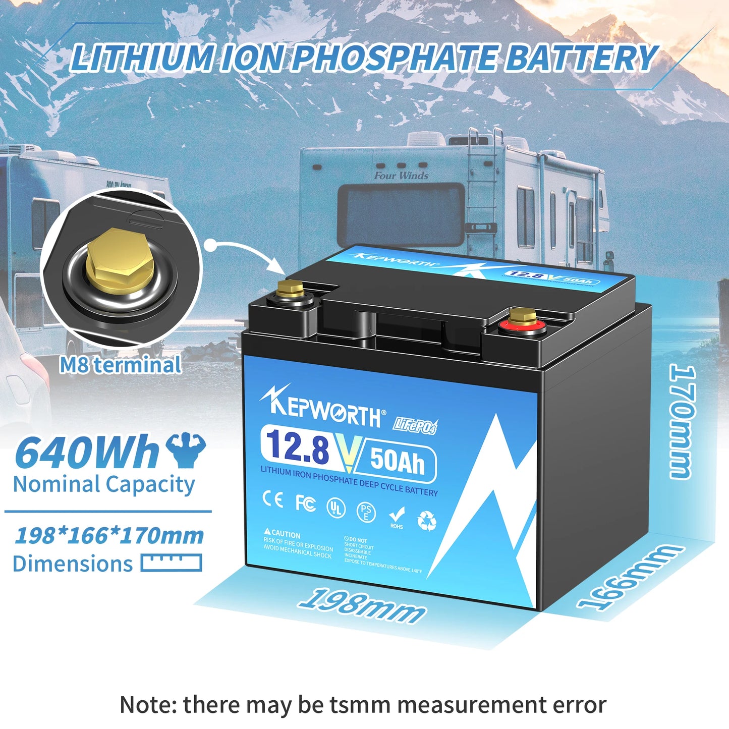 New 12.8V 50Ah Lithium Iron Phosphate Battery Deep Cycle LiFePO4 Built-in BMS For Motors, Scooters, Campers Golf Cart Off-Road