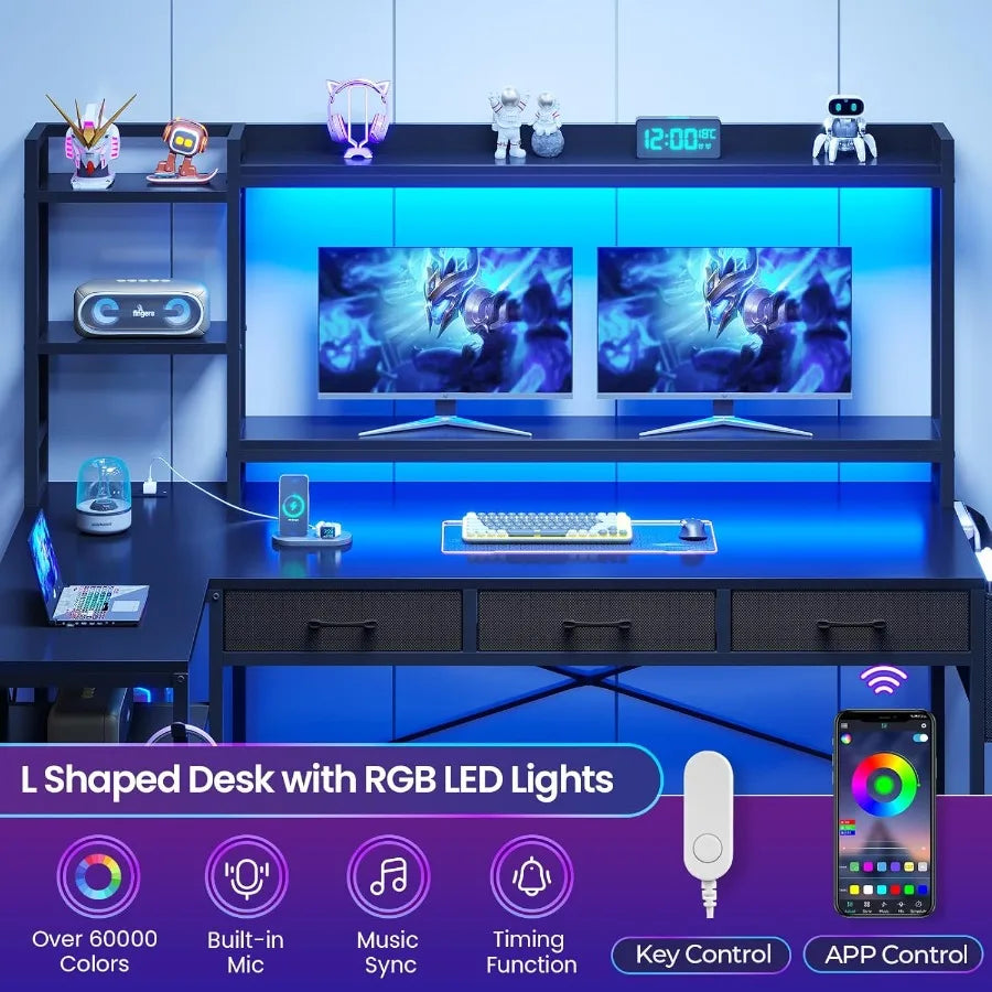 55 L Shaped Gaming Desk with Hutch and Drawers for Home Office or Gaming Room Corner Computer Desk with Adjustable Shelves Buil