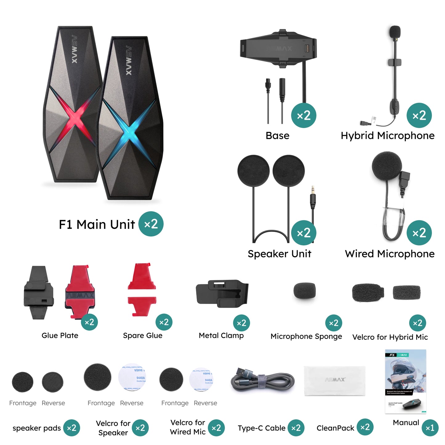ASMAX F1 Mesh Motorcycle Intercom AI Voice HD 40mm Speakers 1250mAh Battery Pro-Level Helmet Communication System Global version