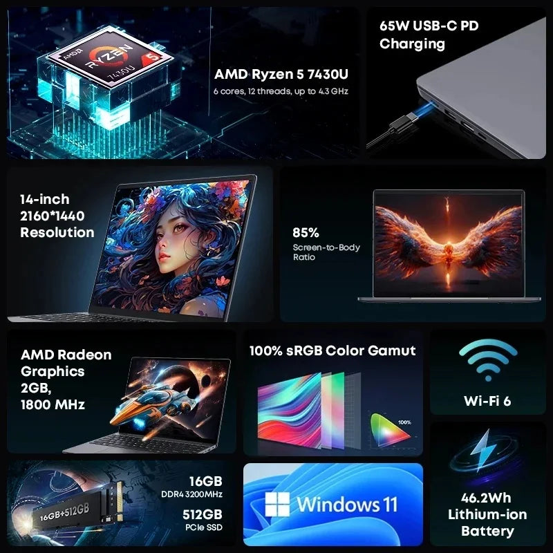 CHUWI CoreBook X Gaming Laptop 14.1 inch 2K IPS Screen AMD R5-7430U 16GB DDR4 RAM 512GB SSD Windows 11 Wifi6 Notebook Computer