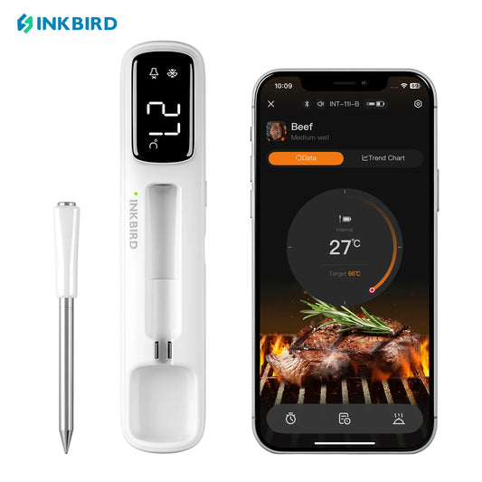 INKBIRD INT-11I-B Wireless Meat Thermometer, Bluetooth 5.4 1000ft,1s Response, IP67, 26 Presets, LED Display,for BBQ/Grill/Party