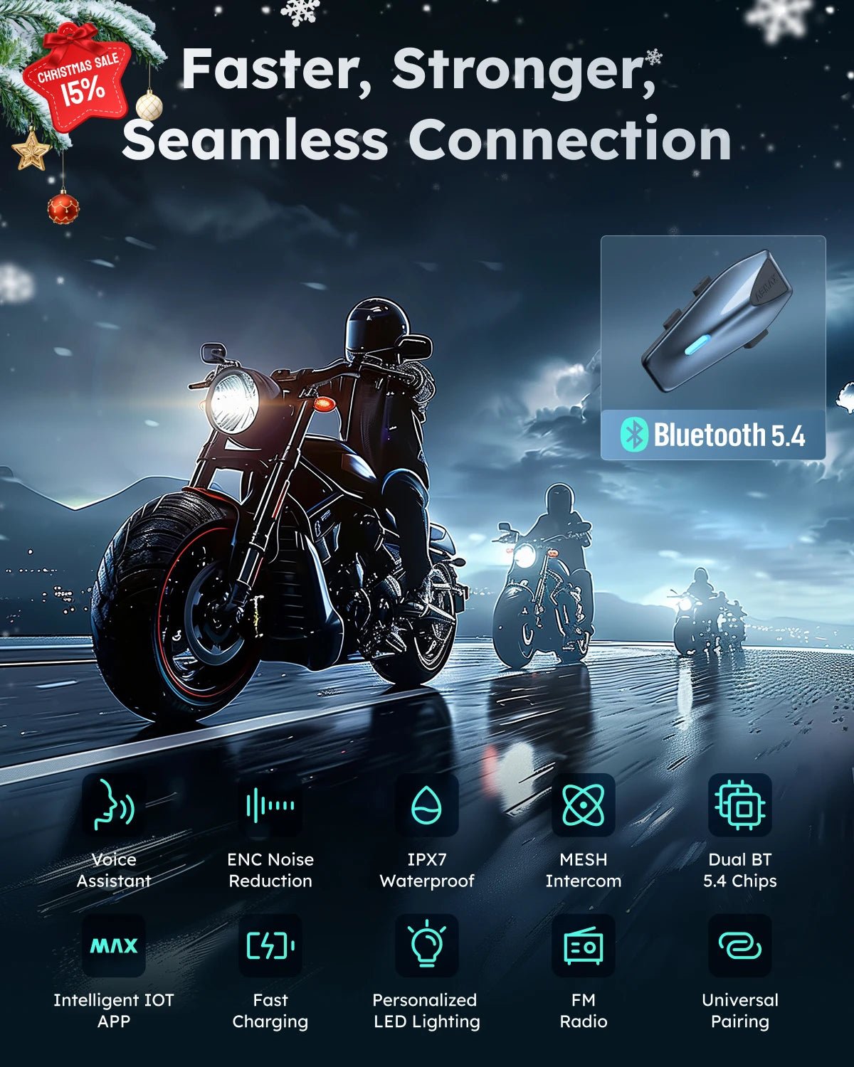 ASMAX Blue S1 Motorcycle Intercom Helmet Mesh Group Communication, Voice Control Bluetooth Headset for Snowmobile, Ski & ATV