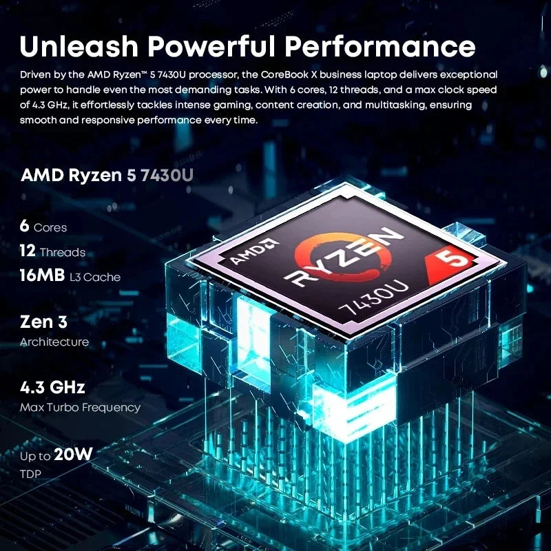 CHUWI CoreBook X Gaming Laptop 14.1 inch 2K IPS Screen AMD R5-7430U 16GB DDR4 RAM 512GB SSD Windows 11 Wifi6 Notebook Computer