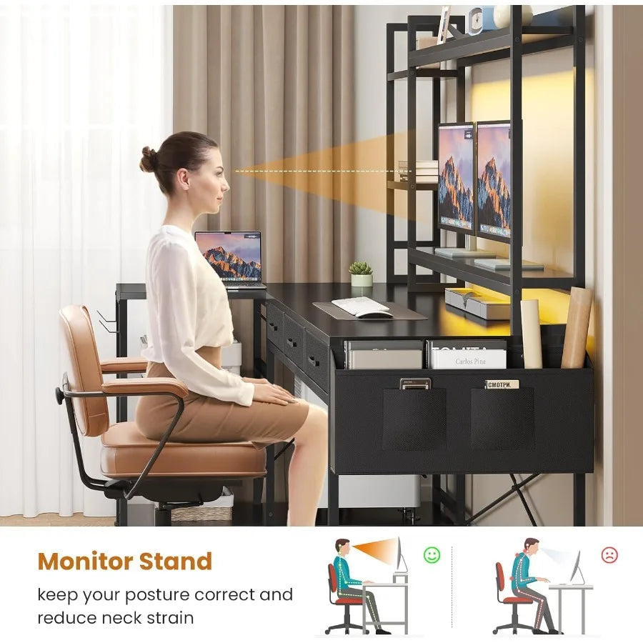 55 L Shaped Gaming Desk with Hutch and Drawers for Home Office or Gaming Room Corner Computer Desk with Adjustable Shelves Buil