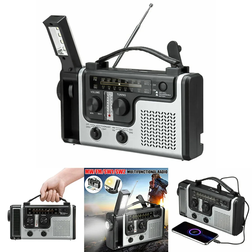 Solar Hand Crank Radio Receiver Mini Portable AM/FM Weather Radio with Multifunctional Flashlight Emergency Power Supply