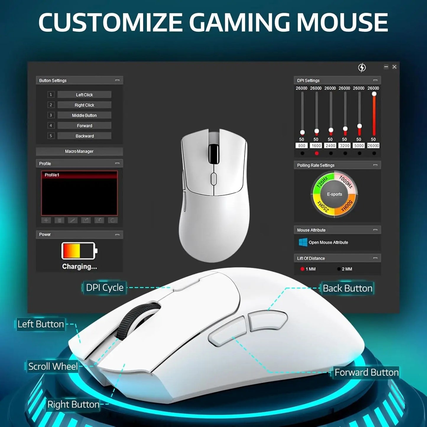 R1 Wireless Gaming Mouse,Tri-Mode Connection (2.4G/Wired/BT5.2),55g Lightweight Design,18K DPI Optical Sensor,HUYU 20 Million Ke