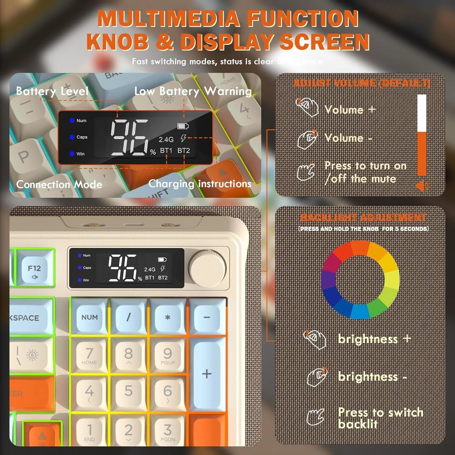 ZIYOU LANG T96 Wireless Gaming Keyboard and Mouse Combo, BT/2.4G RGB Backlit with Smart Display & Knob, 4000 DPI Gaming Mouse