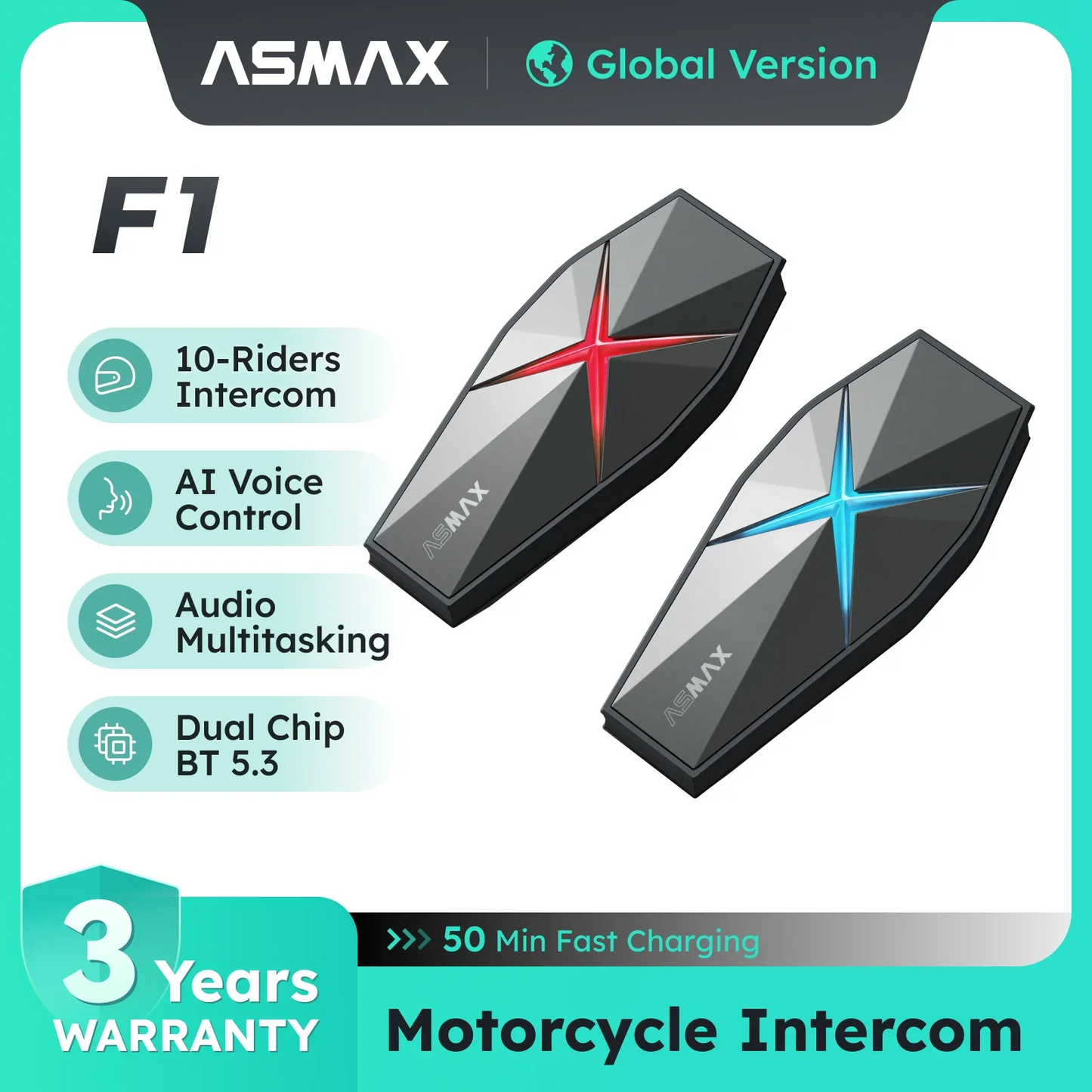 ASMAX F1 Mesh Motorcycle Intercom AI Voice HD 40mm Speakers 1250mAh Battery Pro-Level Helmet Communication System Global version