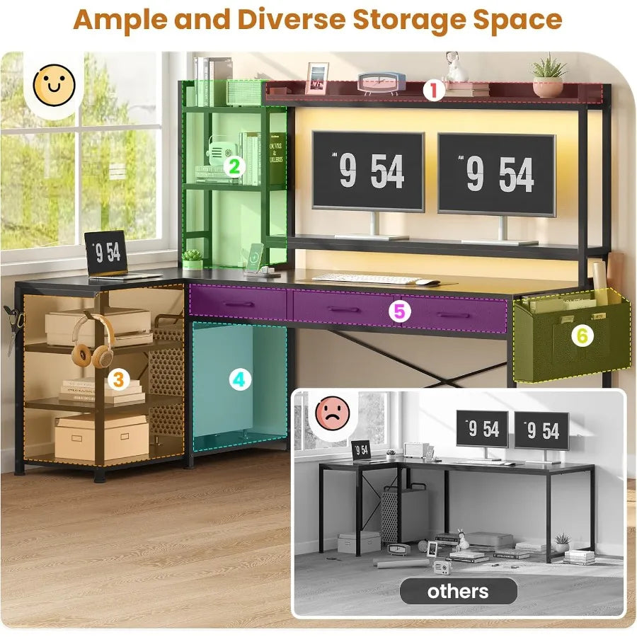 55 L Shaped Gaming Desk with Hutch and Drawers for Home Office or Gaming Room Corner Computer Desk with Adjustable Shelves Buil