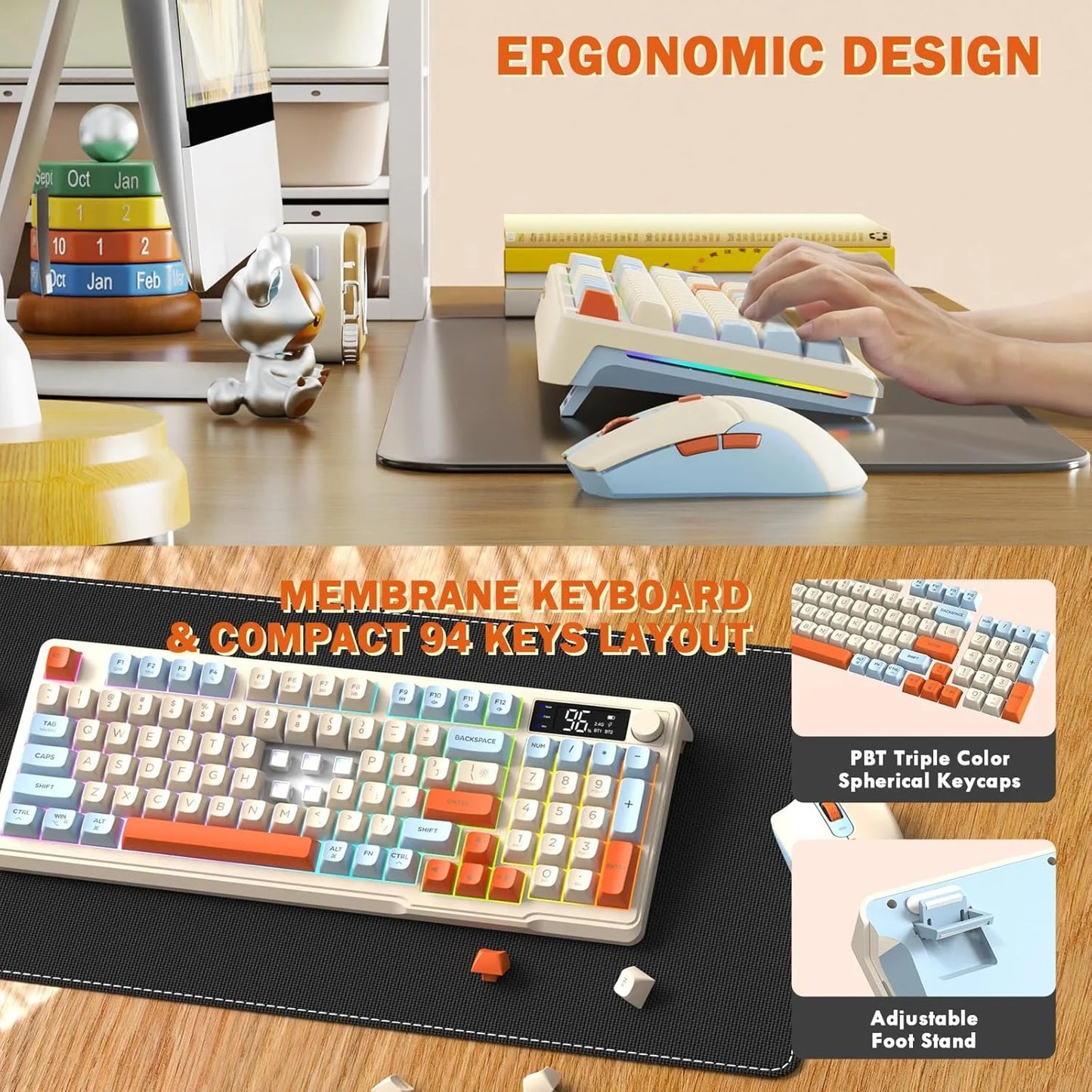 ZIYOU LANG T96 Wireless Gaming Keyboard and Mouse Combo, BT/2.4G RGB Backlit with Smart Display & Knob, 4000 DPI Gaming Mouse