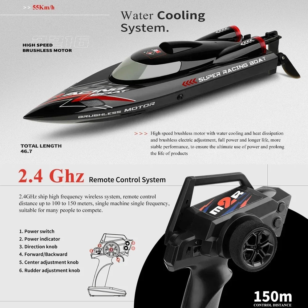 WLtoys WL916 RC Boat 2.4Ghz 55KM/H Brushless High Speed Racing Ship Remote Control Speedboat Toys For Adults with 2 Batteries