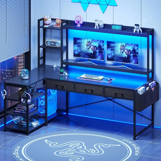 55 L Shaped Gaming Desk with Hutch and Drawers for Home Office or Gaming Room Corner Computer Desk with Adjustable Shelves Buil