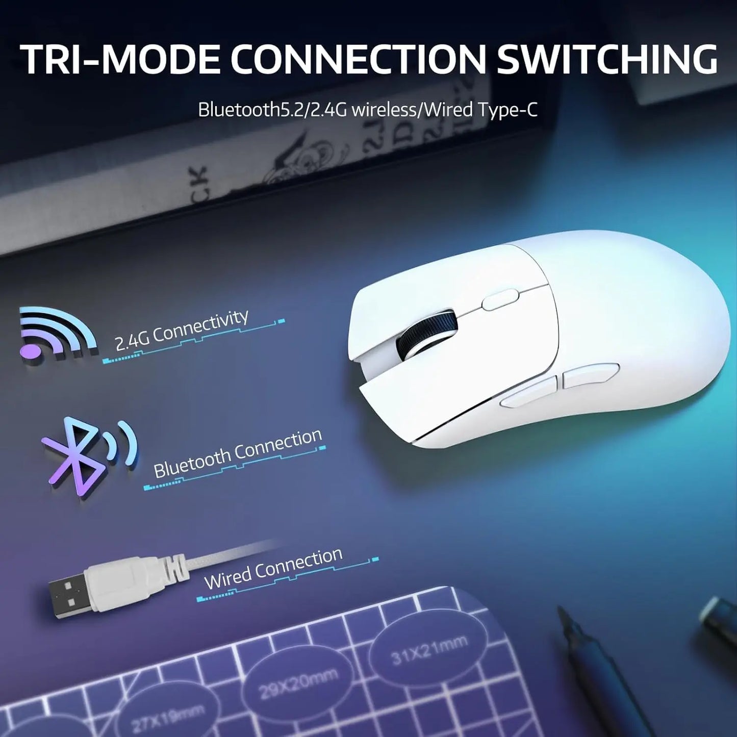 R1 Wireless Gaming Mouse,Tri-Mode Connection (2.4G/Wired/BT5.2),55g Lightweight Design,18K DPI Optical Sensor,HUYU 20 Million Ke